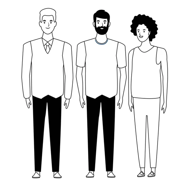 Groupe de personnes avatar personnage de dessin animé en noir et blanc — Image vectorielle