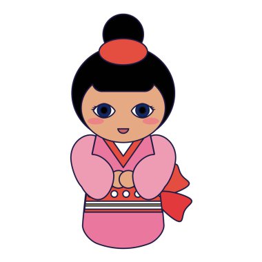 Sevimli Japon kız kimono mavi çizgili