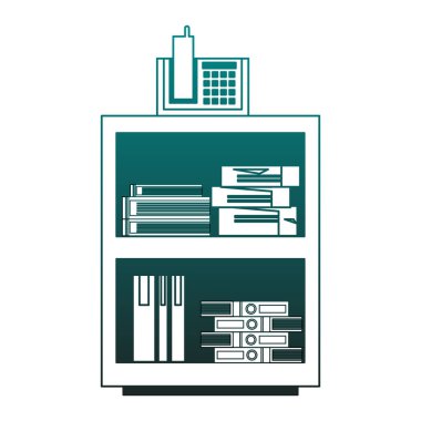 Mavi çizgiler içinde telefon ve klasörler ile Ofis dolabı