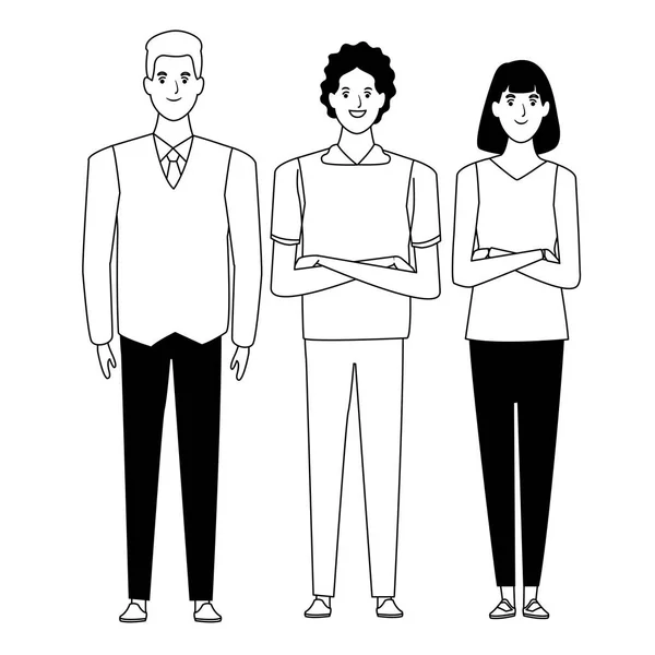 Grupo de pessoas avatar personagem de desenho animado em preto e branco — Vetor de Stock