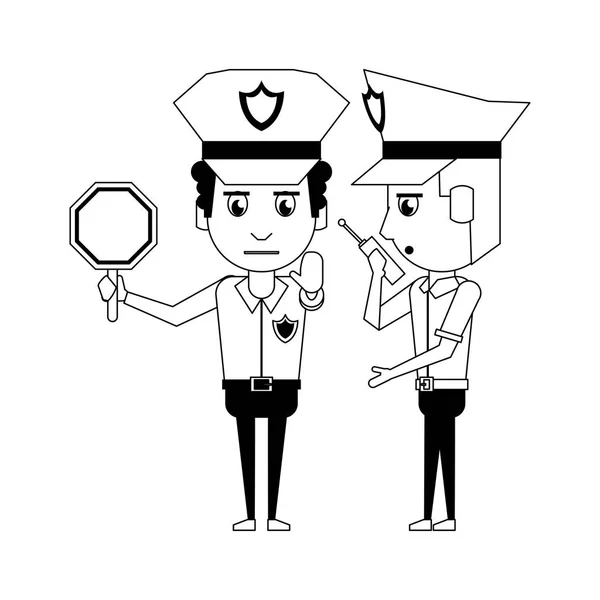 Policías trabajando personaje de dibujos animados avatar en blanco y negro — Archivo Imágenes Vectoriales