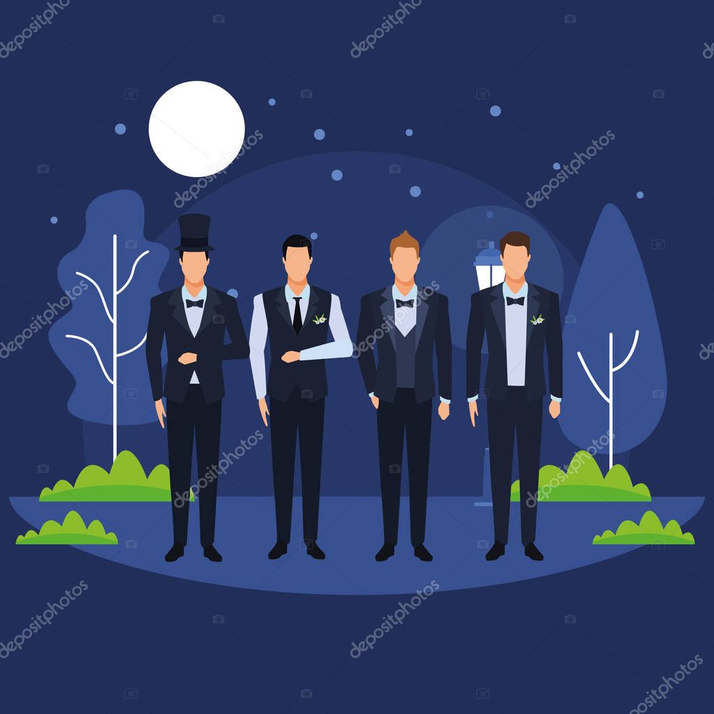 Men Wearing Tuxedo Avatar Cartoon Characters With Bow Tie Top Hat And Waistcoat In The Park At Night Vector Illustration Graphic Design Premium Vector In Adobe Illustrator Ai Ai