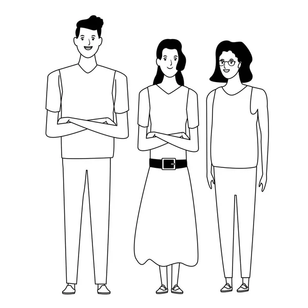 Grupo de personas personaje de dibujos animados avatar en blanco y negro — Vector de stock