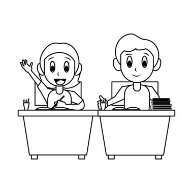 Siyah beyaz okul karikatür öğrenciler
