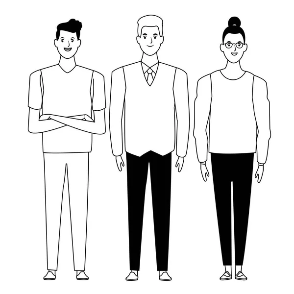 Grupo de personas personaje de dibujos animados avatar en blanco y negro — Vector de stock