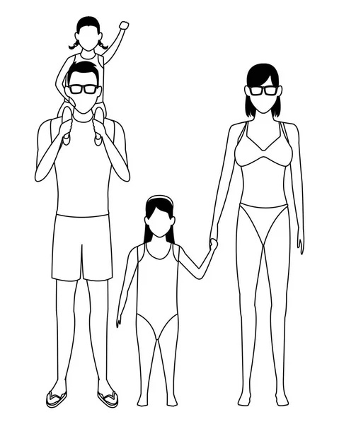 Famille avatar personnage de dessin animé noir et blanc — Image vectorielle