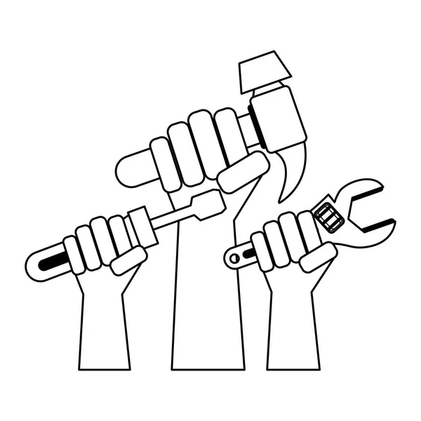 Mains tenant divers outils en noir et blanc — Image vectorielle