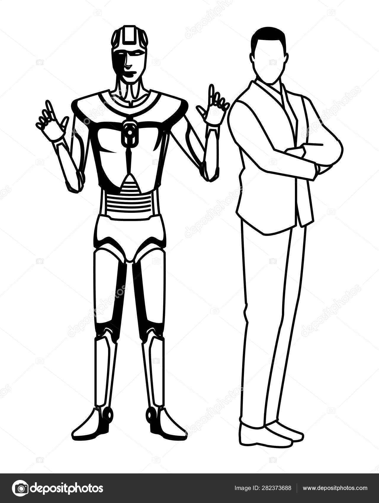 Humanoid robot and businessman black and white Stock Vector by