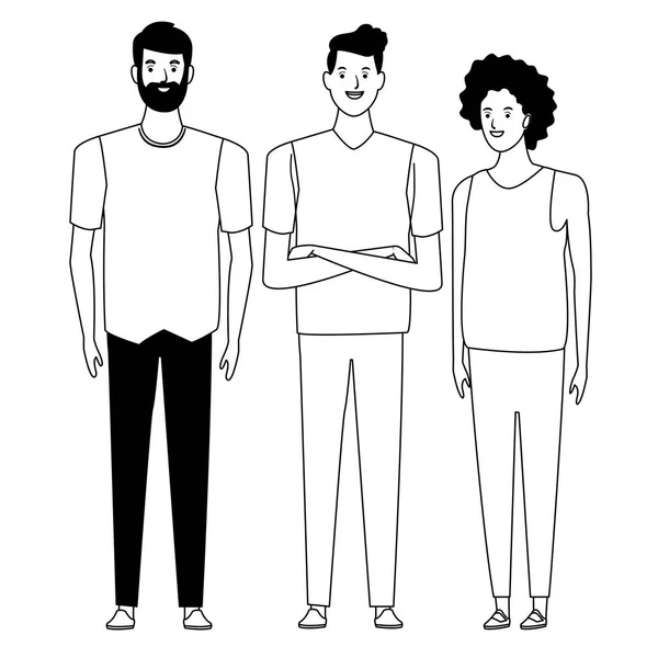 Groep mensen avatar cartoon personage in zwart-wit — Stockvector