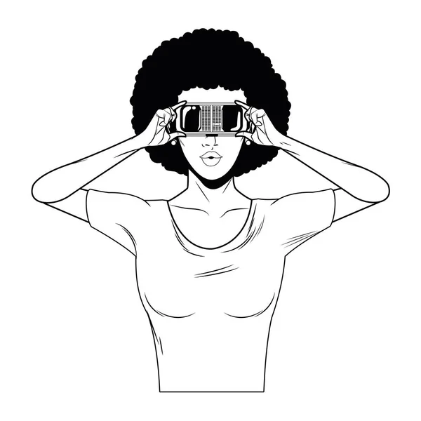 Kobieta z zestawu słuchawkowego wirtualnej rzeczywistości czarno-białe — Wektor stockowy