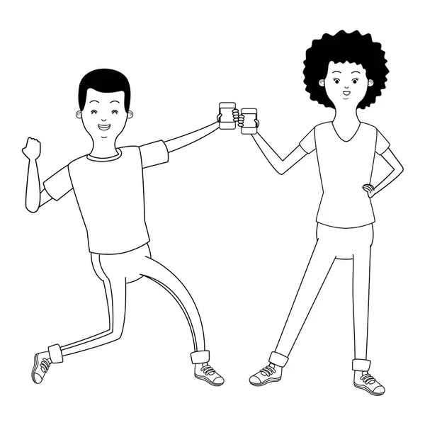 Millennial Couple Cartoon in Schwarz-Weiß — Stockvektor