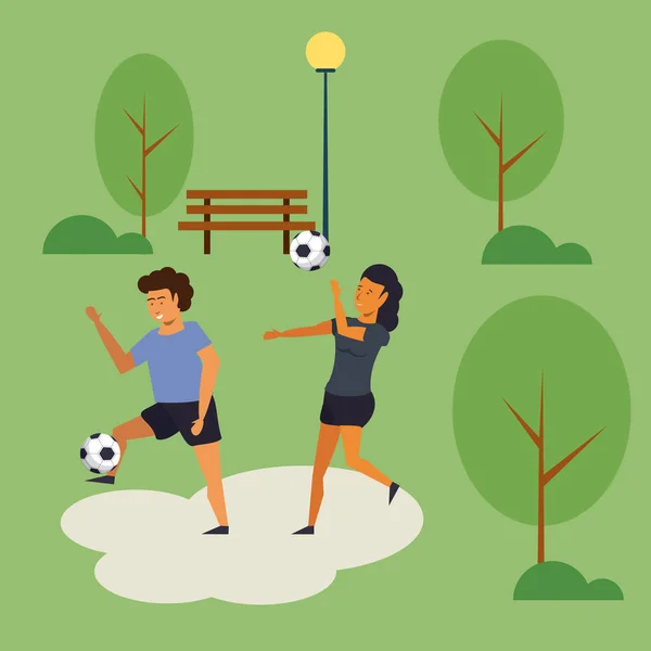 Persone che allenano il calcio ai cartoni animati del parco — Vettoriale Stock