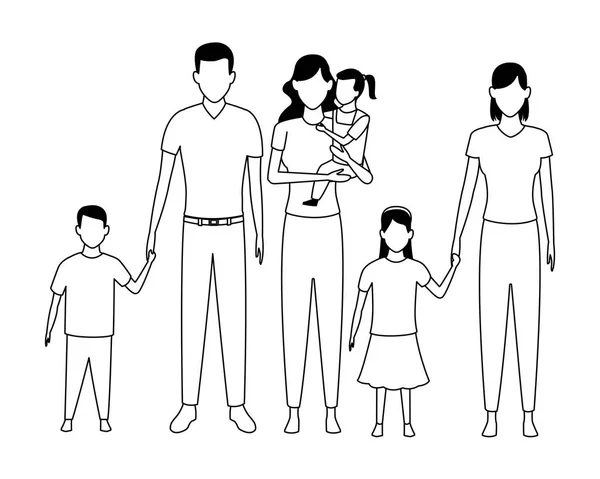 Familie avatar cartoon karakter zwart-wit — Stockvector