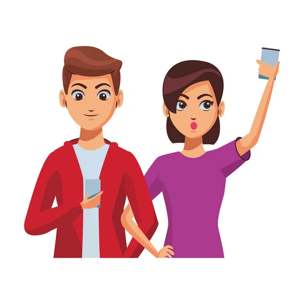 Hombre mensajes de texto y mujer tomando una selfie con teléfono inteligente — Vector de stock