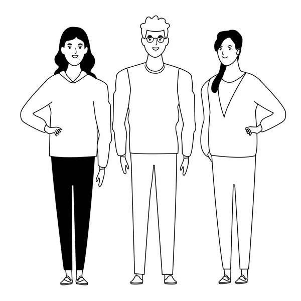 Grupo de personas personaje de dibujos animados avatar en blanco y negro — Archivo Imágenes Vectoriales