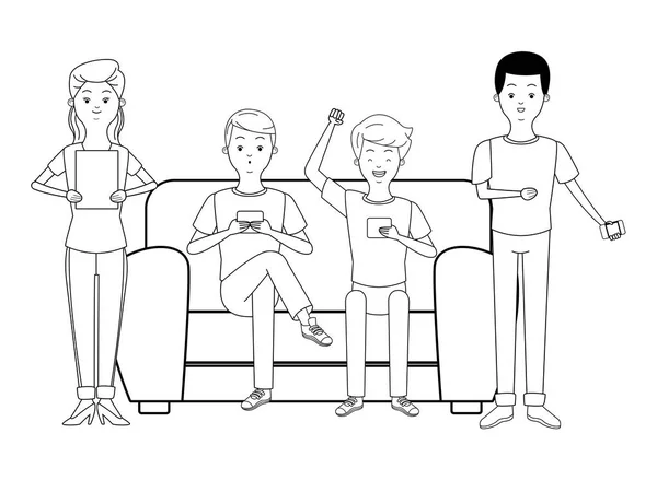 Міленіали і смартфони мультфільми в чорно-білому — стоковий вектор