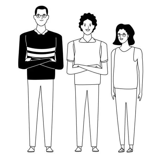 Grupo de personas personaje de dibujos animados avatar en blanco y negro — Vector de stock