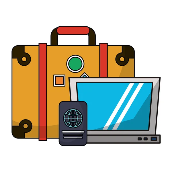 Туристична валіза та ноутбук з паспортом — стоковий вектор