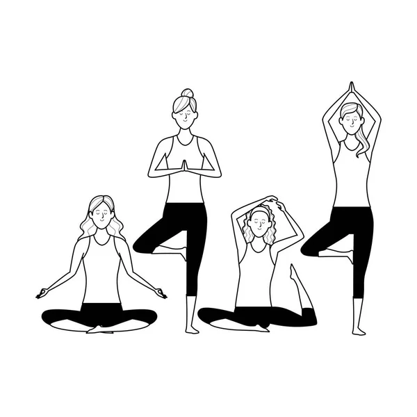 Vrouwen yoga poses zwart en wit — Stockvector