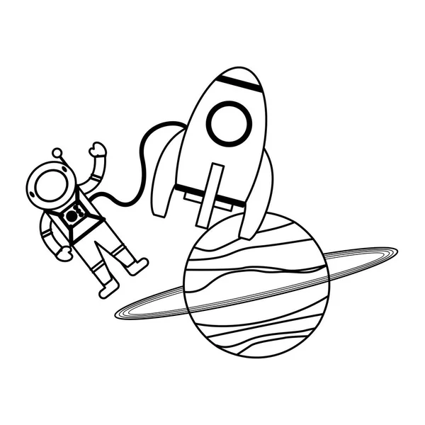 Astronauta e foguete espacial com planeta em preto e branco — Vetor de Stock