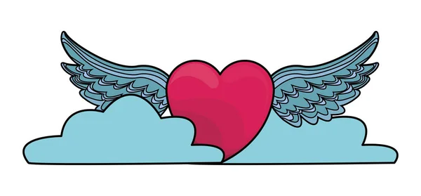 Corazón con alas y nubes de colores — Vector de stock