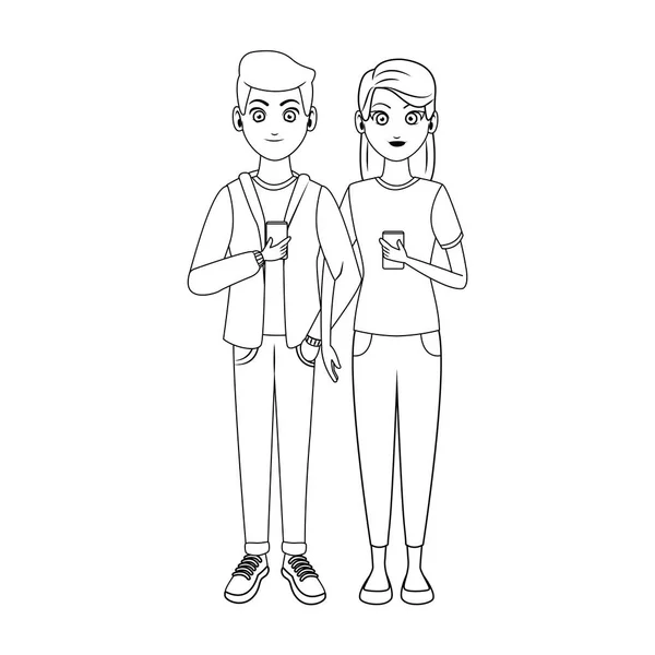 Pareja de mensajes de texto con smartphones — Vector de stock