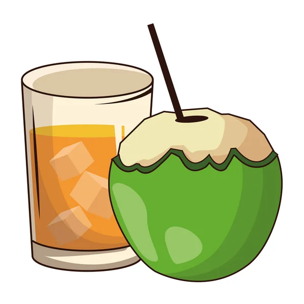 Vaso con bebida y coco — Vector de stock