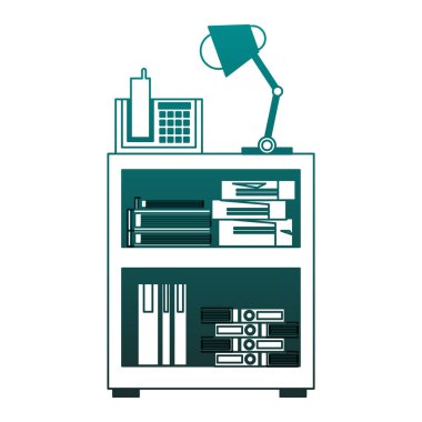 Mavi çizgiler içinde telefon ve klasörler ile Ofis dolabı