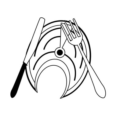 Siyah beyaz çatal bıçak takımı ile Balık somon biftek