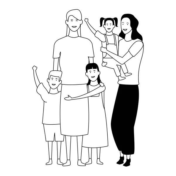 Família com crianças desenhos animados em preto e branco —  Vetores de Stock