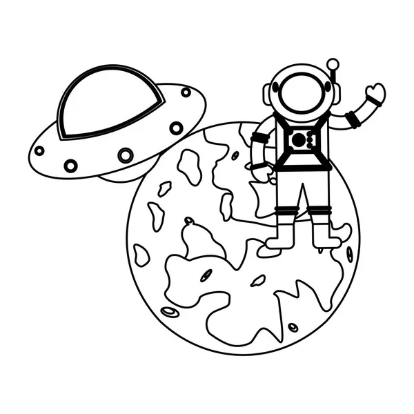 Astronauta em Marte e OVNI voando em preto e branco — Vetor de Stock