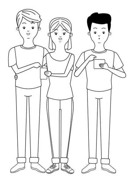 Millennials et smartphones dessins animés en noir et blanc — Image vectorielle