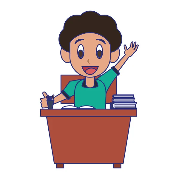 Kid seated in school desk blue lines — Stock Vector