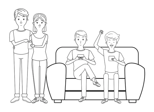 Millennials y smartphones dibujos animados en blanco y negro — Vector de stock