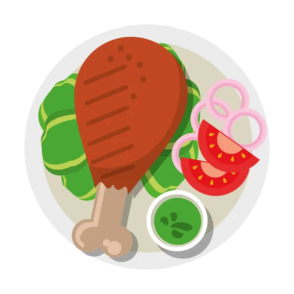 Куриное бедро и соус с салатом на блюде — стоковый вектор
