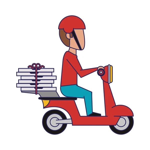 Courier scooter de conducción con pizzas líneas azules — Vector de stock