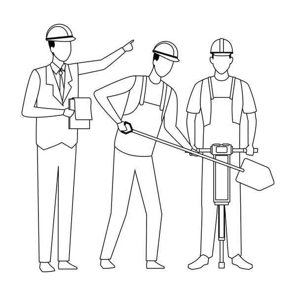 Construction workers workers tools in black and white — Stock Vector