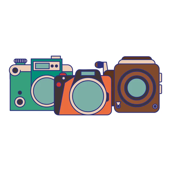 Vintage kameralar çizgi film mavi çizgiler seti — Stok Vektör