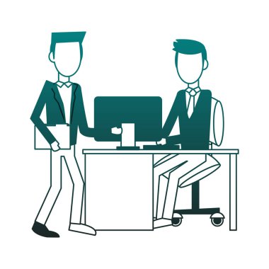 Ofiste mavi çizgilerle konuşan işadamları