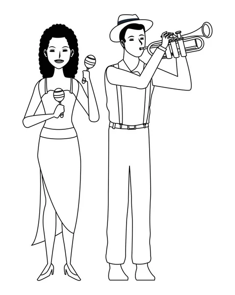 Музыкант играет на трубе и маракасы черно-белые — стоковый вектор