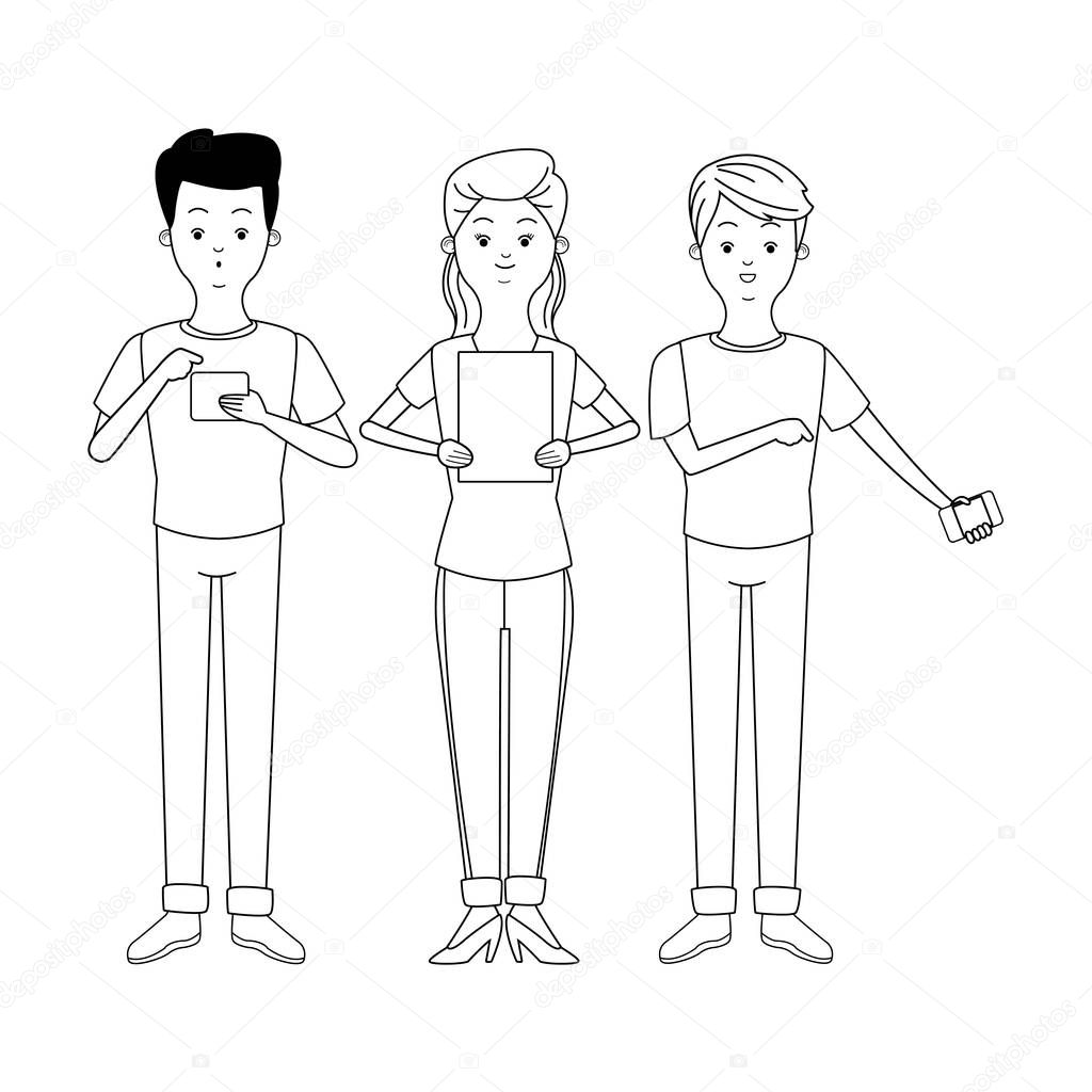 Millennials and smartphones cartoons in black and white