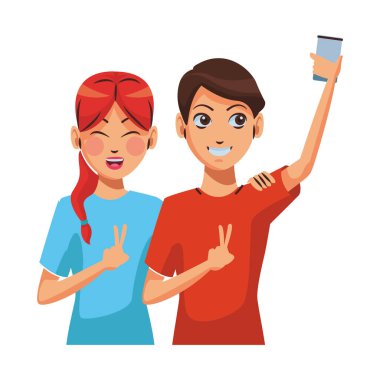 Çift akıllı telefonla selfie çekiyor.