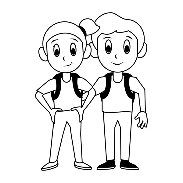 Students kids in school cartoon in black and white — Stock Vector