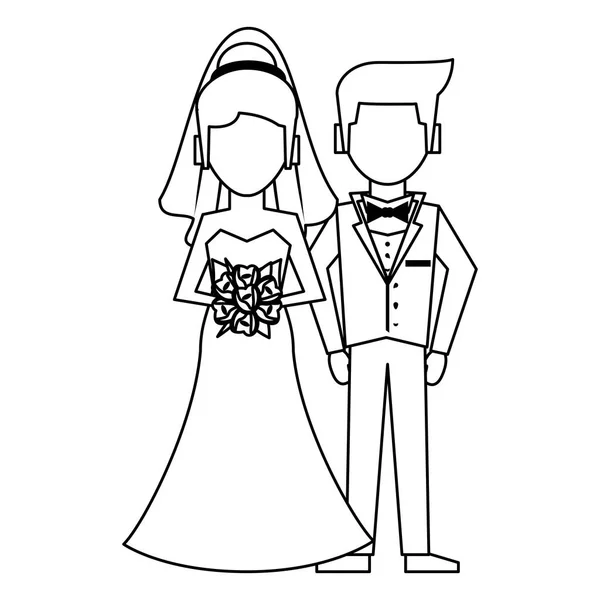 Düğün damat ve gelin karikatür siyah beyaz izole — Stok Vektör