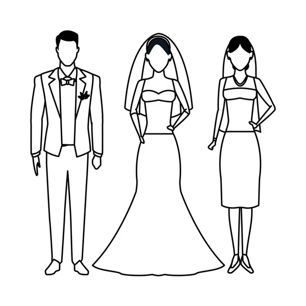 Personas vestidas para la boda en blanco y negro — Vector de stock