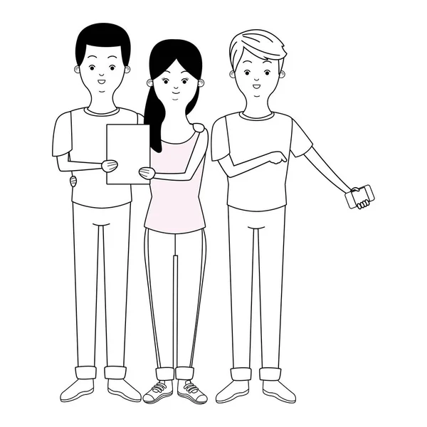 Millennials e smartphone cartoni animati in bianco e nero — Vettoriale Stock