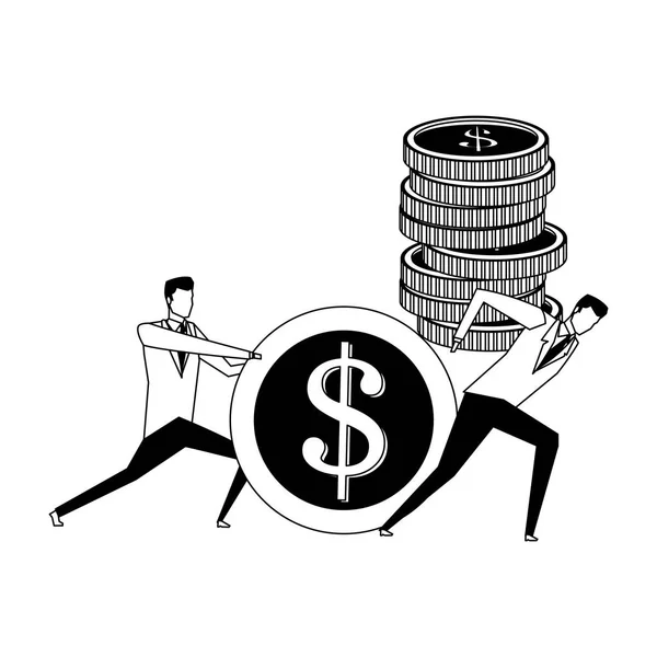 Empresarios empujando y sosteniendo monedas en blanco y negro — Vector de stock