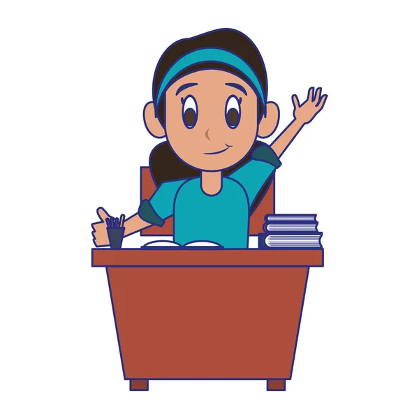 Kid seated in school desk blue lines — Stock Vector