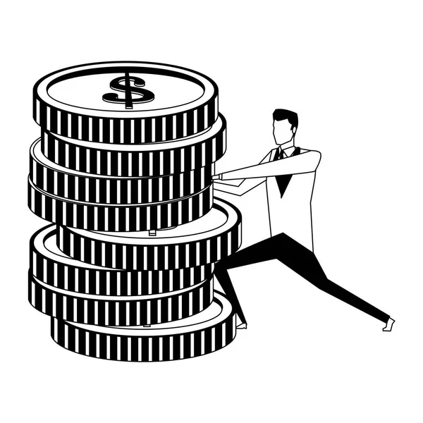 Empresario con monedas apiladas en blanco y negro — Vector de stock