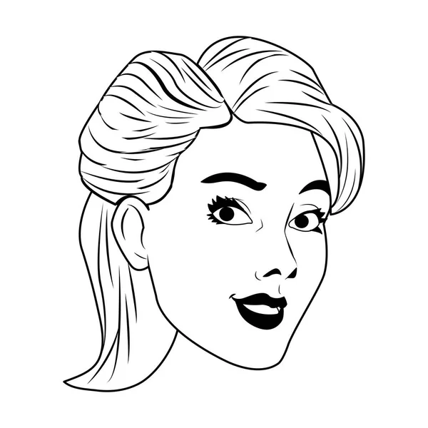 Caricatura de arte pop de cara de mujer en blanco y negro — Vector de stock